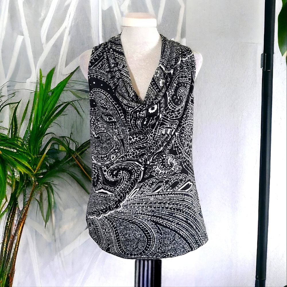 Tori Richard Women's Black Paisley Cowl Neck Sleeveless Top Size XS